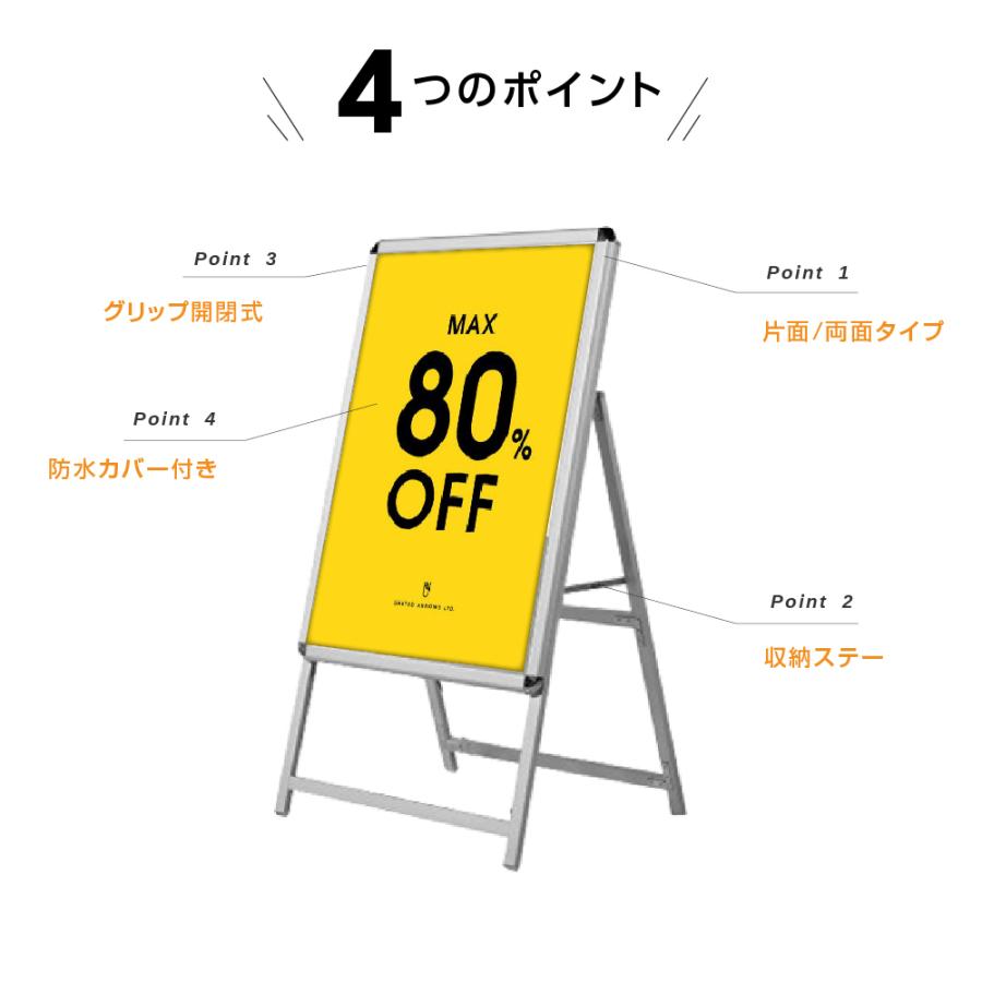 A型スタンド看板 3点セット シルバーフレーム A看板サイズ約:W640mm×H1225mm(A1サイズスタンド看板、重り、乗せ台)グリップ 片面表示 屋外看板 3set-jc-a1-s