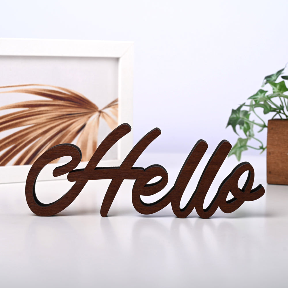 筆記体切り文字 Hello 店舗 木調 ルームサイン ドアサイン ドアプレート 自立型卓上サイン 表札 室札 おしゃれ STWD-4