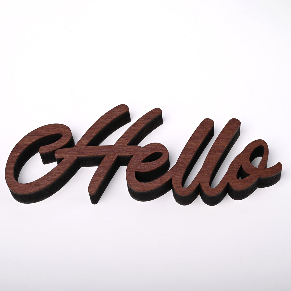 筆記体切り文字 Hello 店舗 木調 ルームサイン ドアサイン ドアプレート 自立型卓上サイン 表札 室札 おしゃれ STWD-4