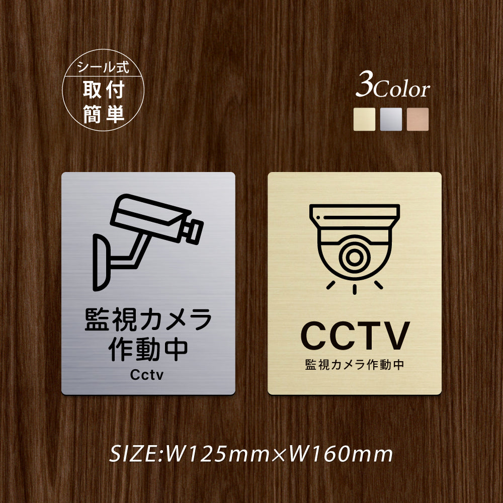 メタリック調サインプレート 125x160mm ドアプレート CCTV 監視カメラ作動中 MEPL-125160-64