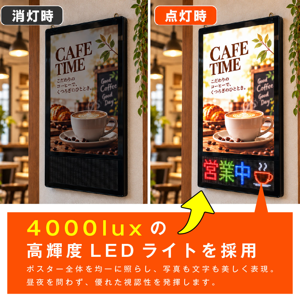 LEDパネル 光るポスターフレーム 下部LED表示 A1 A2 B2 壁掛け 4000lux スマホAPP操作 フルカラー 電光掲示板 電飾看板 店舗販促 飲食店 居酒屋 lmin