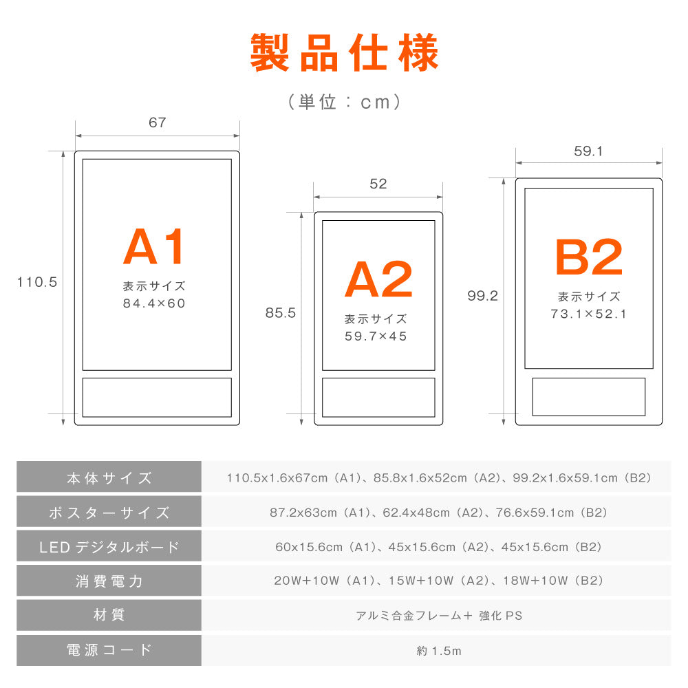 LEDパネル 光るポスターフレーム 下部LED表示 A1 A2 B2 壁掛け 4000lux スマホAPP操作 フルカラー 電光掲示板 電飾看板 店舗販促 飲食店 居酒屋 lmin