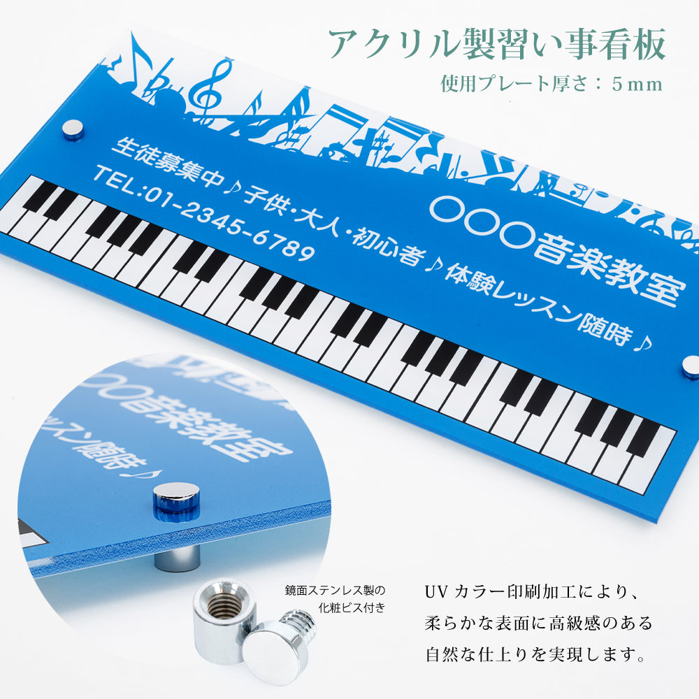 アクリル製 看板 ピアノ教室 化粧ビス付き 習い事看板 ピアノ Piano 選べる【横330×縦150mm、横450×縦200mm】ピアノ看板 音楽 gs-pl102-piano