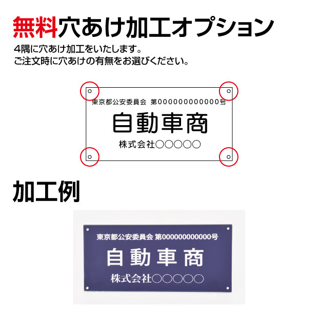 古物商 プレート アクリル製 W160mm×H80mm 紺色 壁掛け用穴ありタイプ UV印刷加工 curio-navy-hole