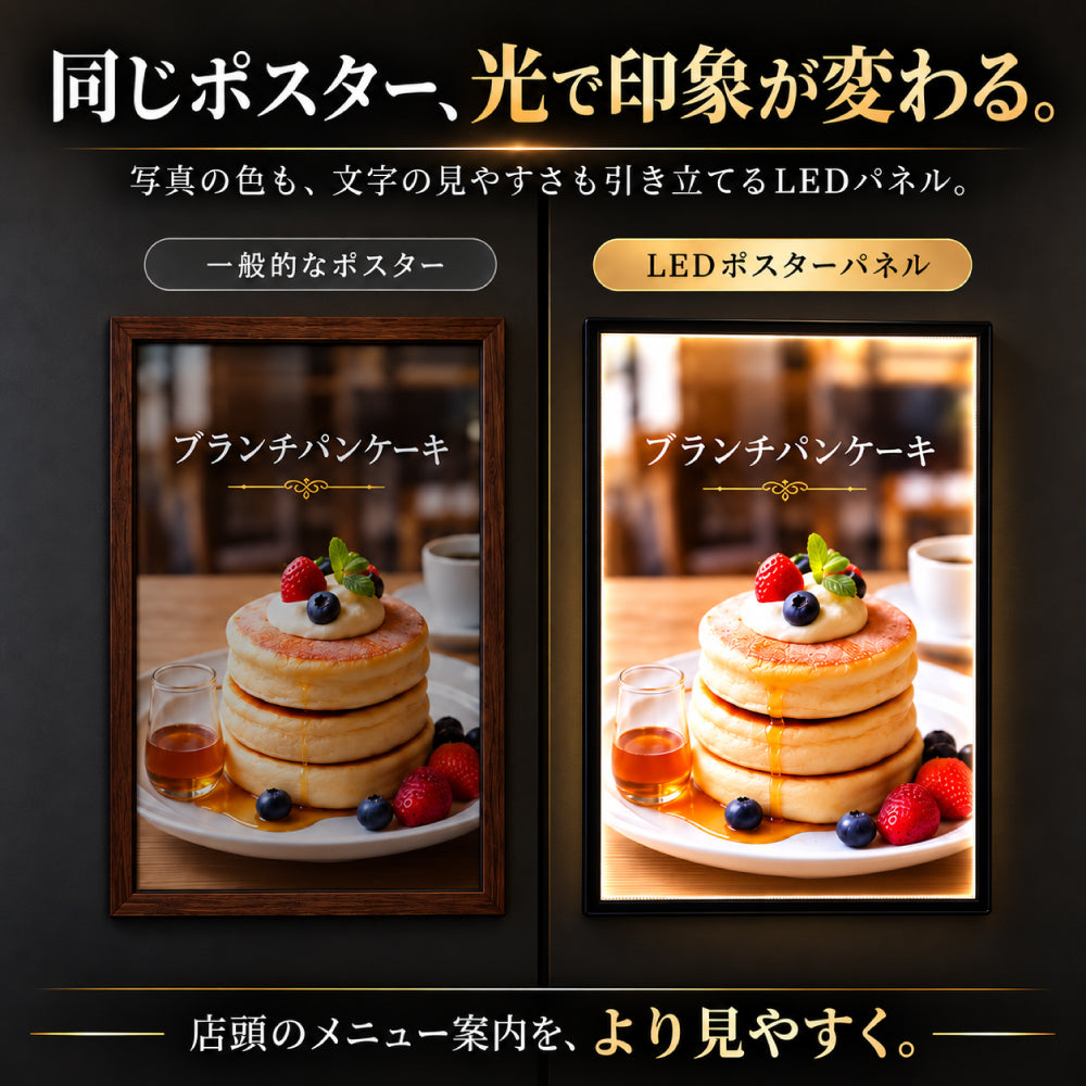 LEDライトパネル A1 A2 A3 A4 高輝度5500lux 超薄型 壁付け グリップ式 明るい 目立つ 店舗用メニューボード おしゃれ 看板ポスターフレーム 屋内用 カフェ・飲食店・展示会に 集客力アップ 1年保証 新品 LED 看板 led-pu