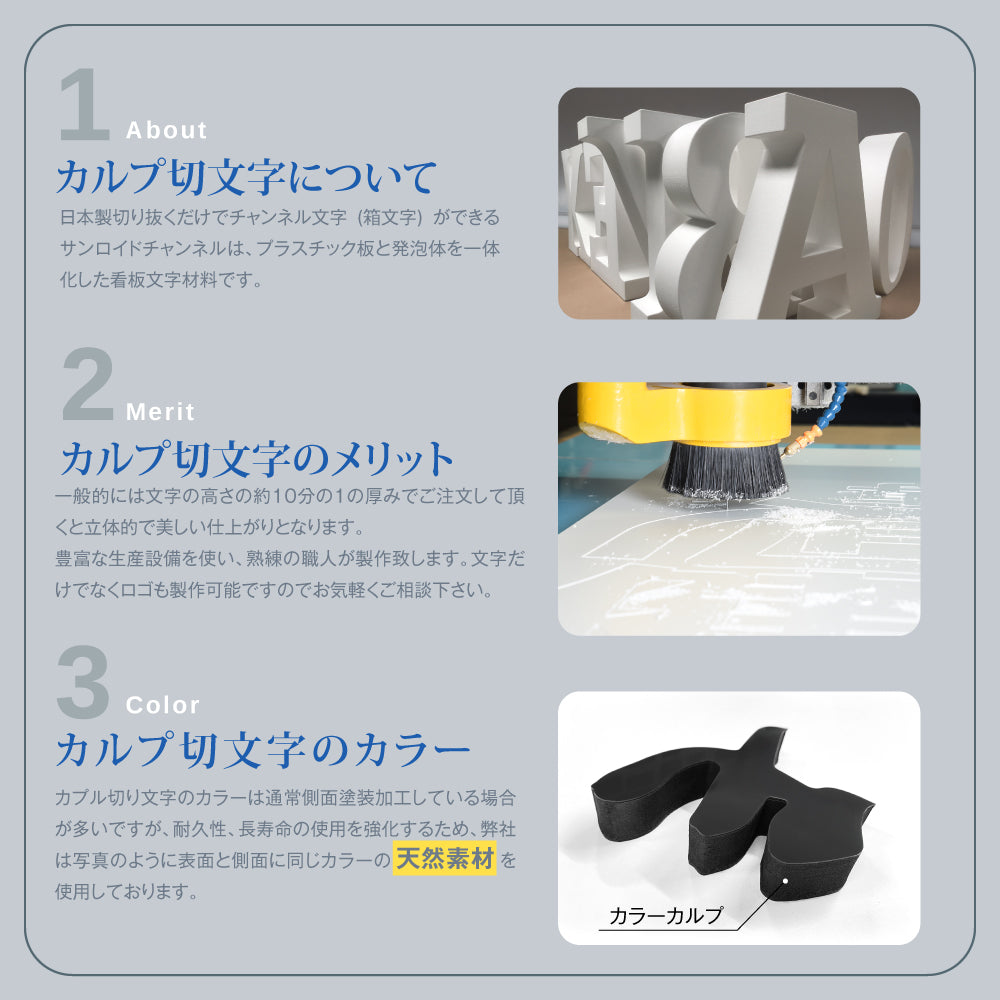 日本製 立体カルプ文字 1文字～販売 カルプ文字 切文字文字 厚さ2cm/3cm チャンネル文字 建物看板 カルプ 文字 タテ100mm～450mmまで 立体文字 箱文字 店舗用看板 オーダー 看板 屋外看板 クリニック 社名 店名 工場 karupu